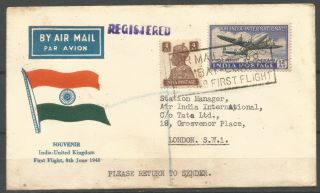 India,  First Flight,  Registered Cover To London