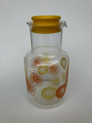 Vintage Pyrex Corning Glass Juice Carafe Pitcher Lid Oranges Lemons 2 Qt 2l 3520