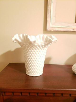 Fenton White Milk Glass Hobnail Double Crimped Vase