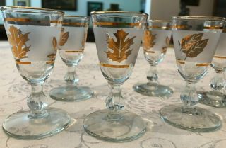 Set Of 6 Vtg Libbey Gold Leaf Frosted Footed 3 3/8” Tall Cordial Shot Glasses