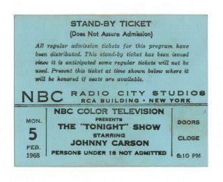 The " Tonight Show " - Johnny Carson - Stand - By Ticket - 2/5/1968 - Belafonte Host