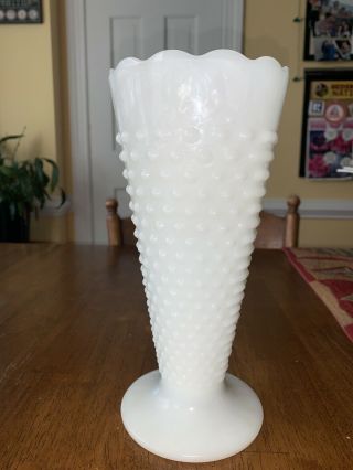 Vintage Anchor Hocking White Milk Glass Vase Hobnail & Bars 9 1/2 " Tall