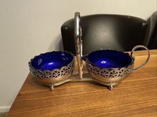 Vintage Cobalt Blue Glass Sugar & Creamer With Chrome Plated Tray From England