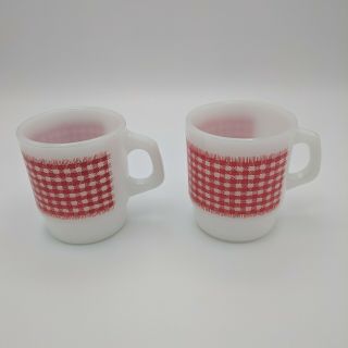 Vintage Fire King / Anchor Hocking Red Gingham Check Mugs X 2 In Cond