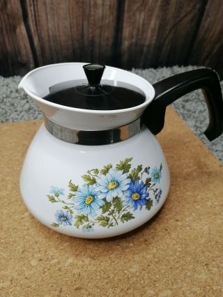Vintage Corning Ware Tea Pot Chelsea Blue Daisy Flower 6 Cup Usa
