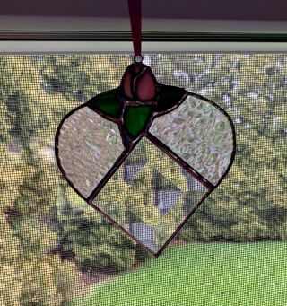 Heart Shape Stained Glass Hanging Ornament With Pink Rose Design In Gift Box