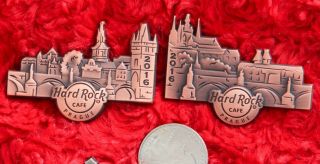 2 Hard Rock Cafe Pins Prague Charles Bridge Puzzle Set 3d Facade Copper Skyline