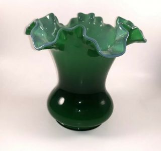 Vintage Fenton Emerald Green Cased Ruffled Glass Lined Inside With White