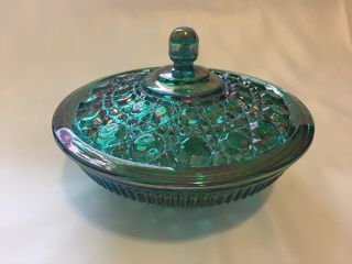 Vintage Aqua Green Carnival Glass Candy Bowl With Lid 7 1/2”