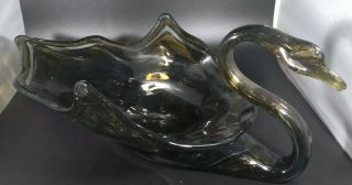 Vintage Hand Blown Green Swirls Art Glass Swan Bowl/dish