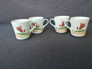 Corning Ware Corelle Pacific Bloom 8 Oz Coffee / Tea Mugs Red Flower - Set Of 4
