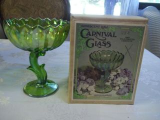 Vintage Indiana Glass Lime Green Iridescent Carnival Glass Tall Footed Compote