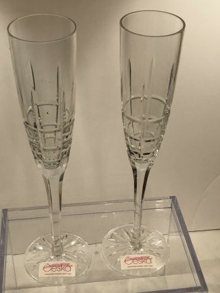2 Nwt Czechoslovakia Ceska Cut Crystal Champagne Flutes,  10.  5” Tall