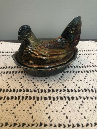 Vintage Fenton Amethyst Blue Iridescent Carnival Glass Hen On Nest Covered Dish