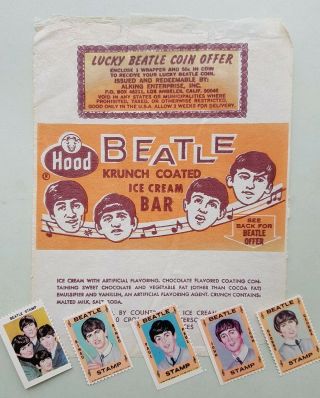 Beatles 1964 Hood Ice Cream Bar Wrapper & Hallmark Stamp Set Paul John Ringo Geo