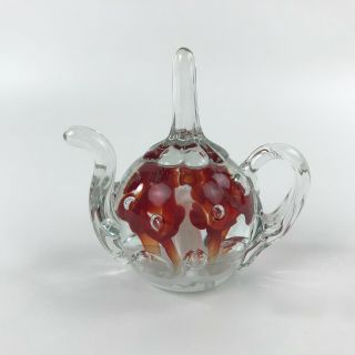 Joe St.  Clair Art Glass Teapot Paperweight Ring Holder Controlled Bubble 4 " T