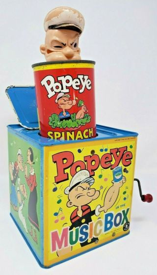 Vtg 1953 Popeye In The Music Box Jack In The Box Tin Litho Hand Wind Toy Spinach