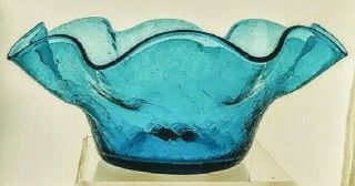 Vintage Hand Blown Blenko Crackle Glass Ruffled Edge Bowl Teal Blue 8 "