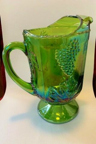 Vintage Indiana Glass Iridescent Lime Green Carnival Harvest Grape 64oz Pitcher
