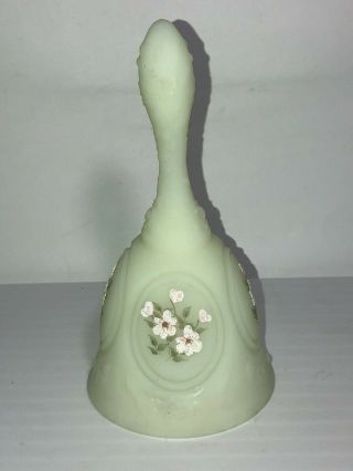 Vintage Fenton Hand Painted Satin Green Glass Bell Floral Design Signed