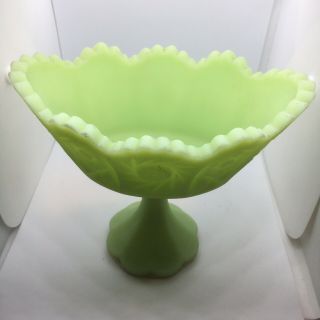 Fenton Green Satin Custard Glass Pinwheel Footed Candy Bowl Compote Uranium