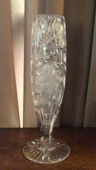 Vintage Crystal Glass Flower Vase - Deeply Etched Floral Pattern - 11 " Tall