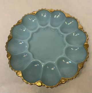 Vintage Fire King Blue Delphite Deviled Egg Plate With Gold Trim