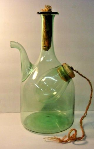 Vintage Green Glass Wine Decanter Jug Ice Chamber With Straw Stopper 12 1/2 "