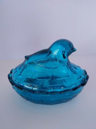 Fenton Glass Aqua Bird In Basket Covered Candy Dish
