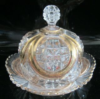 Eapg Us Glass Indiana Pattern Covered Butter Dish W/ Gold Gilding