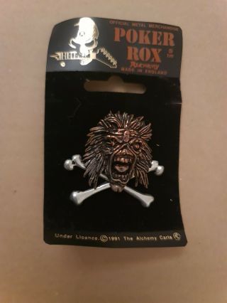 Iron Maiden Eddie Crossbones 10th Alchemy Poker Rox Pin Badge Clasp Rare.