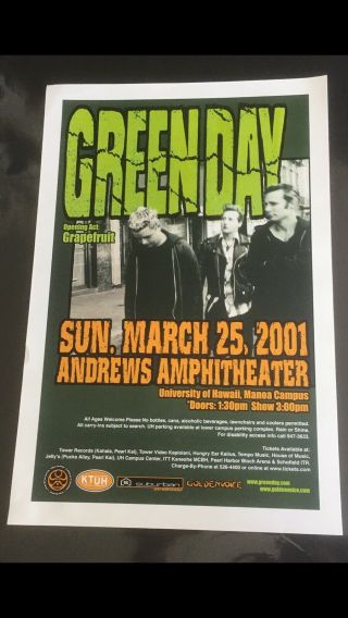 Green Day 2001 Vintage Hawaii Concert Poster With Guest Grapefruit