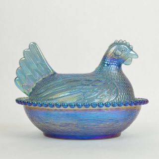 Vintage Fenton Carnival Glass Iridescent Blue & Green Hen On Nest Covered Dish