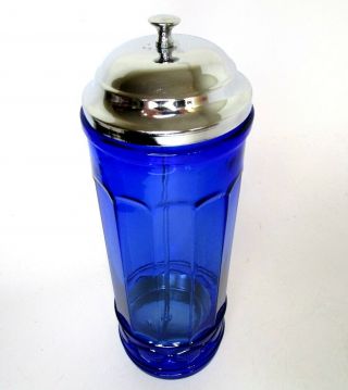 Cobalt Blue Paneled Glass Straw Dispenser Holder W/ Metal Pull Up Lid Deco Style