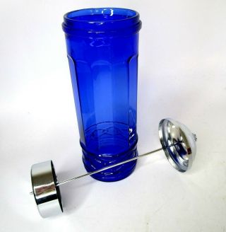 Cobalt Blue Paneled Glass Straw Dispenser Holder W/ Metal Pull Up Lid Deco Style 2