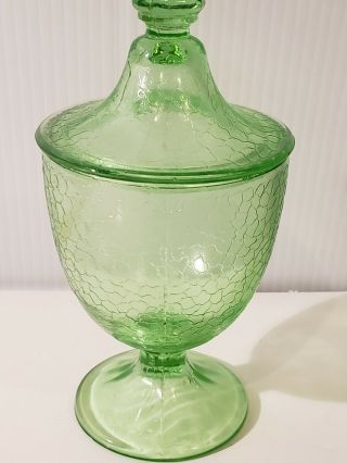 Vtg Green Crackle Glass Lidded Pedestal Candy Dish