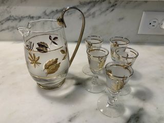 Vintage Set Of 5 Mid Century Libbey Gold Foliage Leaf Cordial Glasses & Pitcher