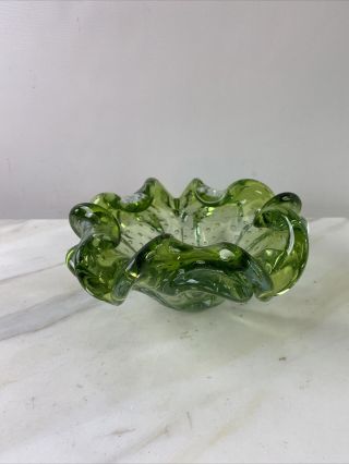 Vintage Murano Art Glass Light Green Controlled Bubble Dish / Bowl