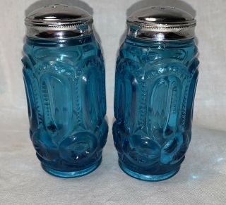 Vintage Le Smith Glass Cobalt Blue Moon & Stars Salt & Pepper Shakers.