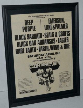Cal Jam 1974 Deep Purple Black Sabbath Eagles Elp Concert Framed Poster / Ad