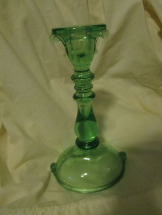 One Vintage Green Depression Glass Candlestick 8 - 1/2 " Tall