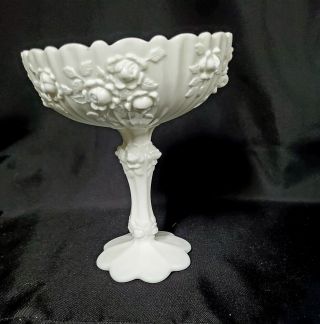 Vintage Fenton White Milk Glass Ribbed Rose Footed Compote Bowl Scalloped Edge