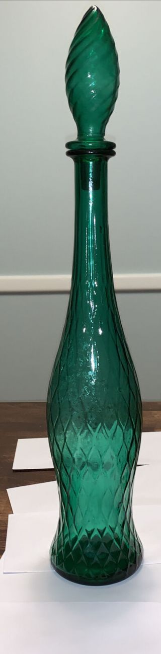 Rare Pattern Vintage Mid Century Modern Tall Green Decanter With Stopper
