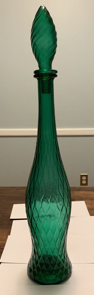 Rare Pattern Vintage Mid Century Modern Tall Green Decanter With Stopper 2