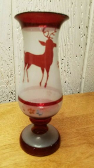 Vintage Bohemian Czech Ruby Red Hand Blown Art Glass Etched Vase Deer