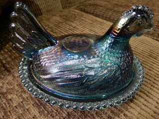 Vintage Iridescent Indiana Carnival Glass Candy Dish Hen On Nest
