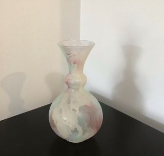 Vtg Hand Painted Rueven Glass 7 5/8” Vase Nouveau Art Vase Pink Green Yellow.