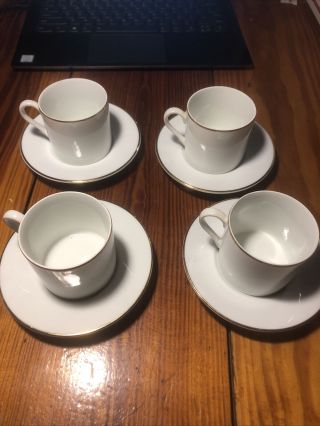 Tiffany & Co Set Of 4 White Gold Trim Porcelain Demitasse Tea Coffee Cups Saucer
