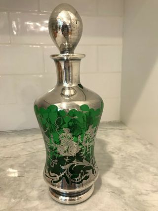 Vintage Mid Century Italian Green Glass Decanter With Sterling Silver Overlay