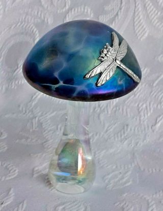 Heron Glass Azure Blue Mushroom With Pewter Dragonfly - Etched 
